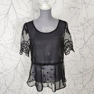 Frenchi Black Sheer Floral Lace Mesh Round Neck Top